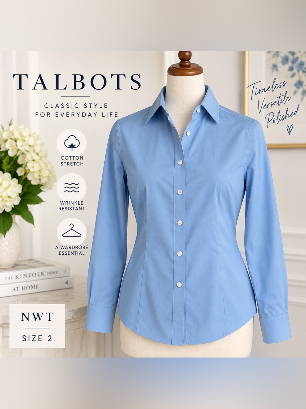 Talbots Wrinkle Resistant Stretch Cotton Button Down Shirt Blue NWT Size 2